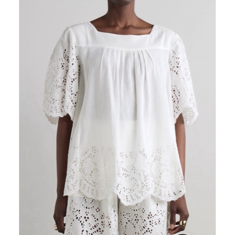 THIERRY COLSON Scarletta Broderie Anglaise Linen Cotton Blouse White XL